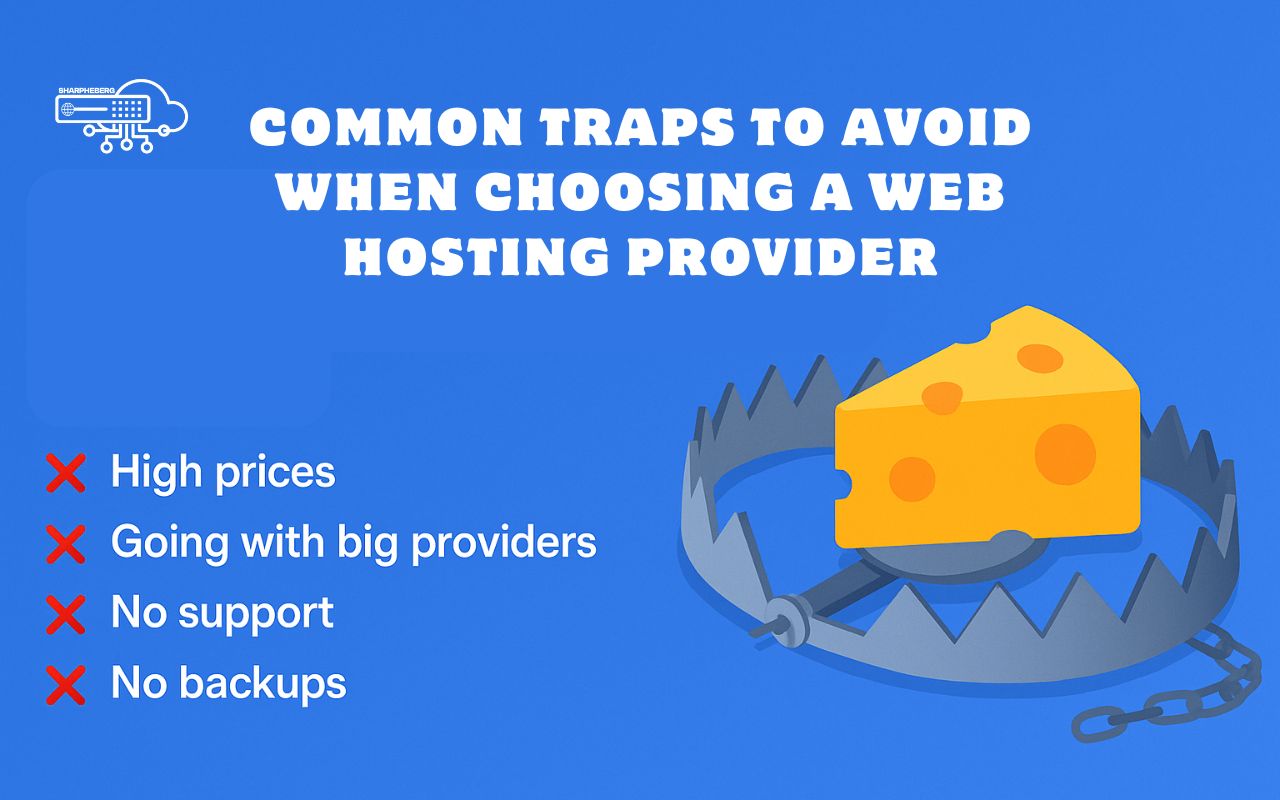 A visual summary of common web hosting mistakes, including hidden fees, poor support, and missing backups.